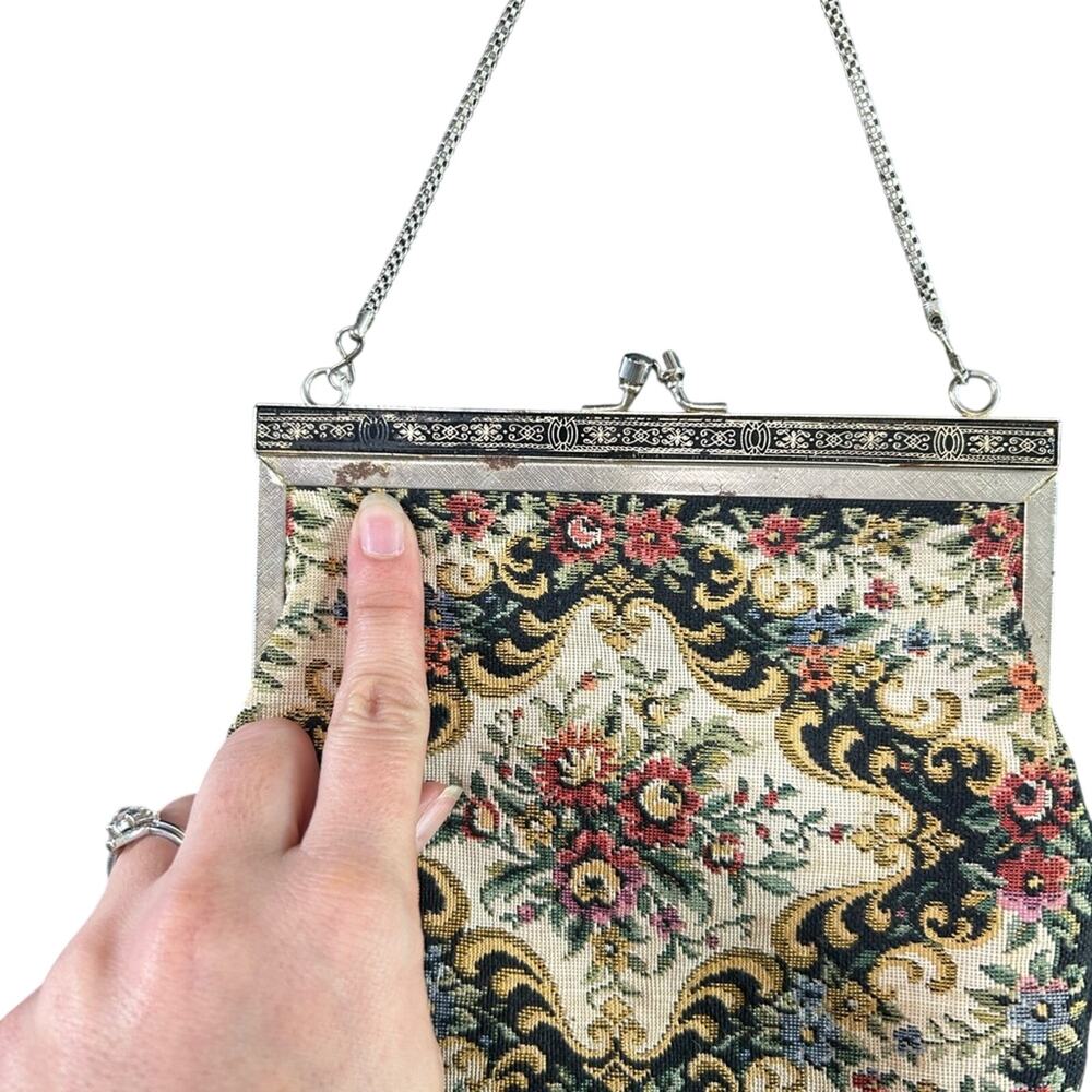 Floral Tapestry Purse Multicolor silver Chain some wear rusting chic feminine - Picture 3 of 6